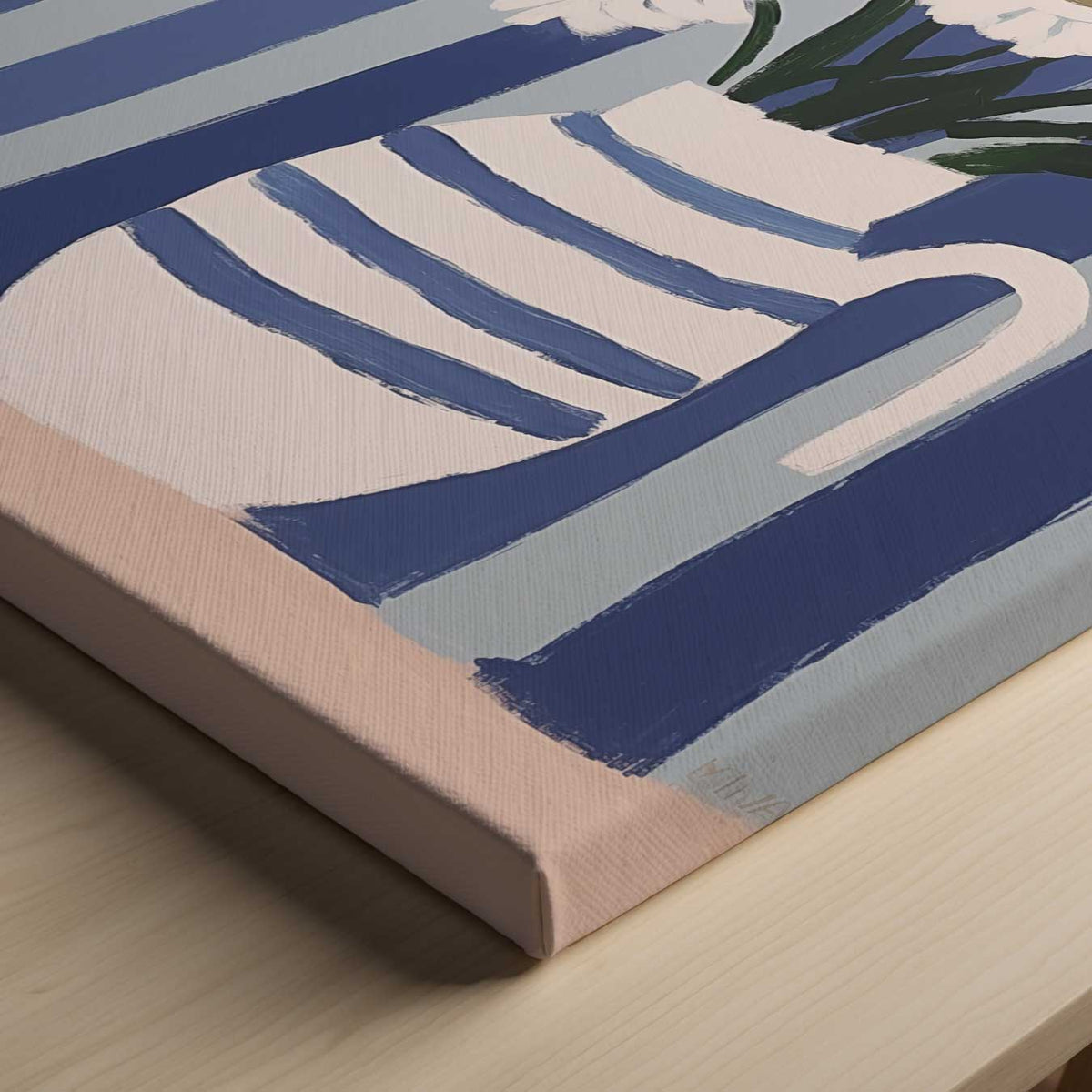 Bloemen in Blauwe Strepen – portret kunstwerk als wanddecoratie, afbeelding 13