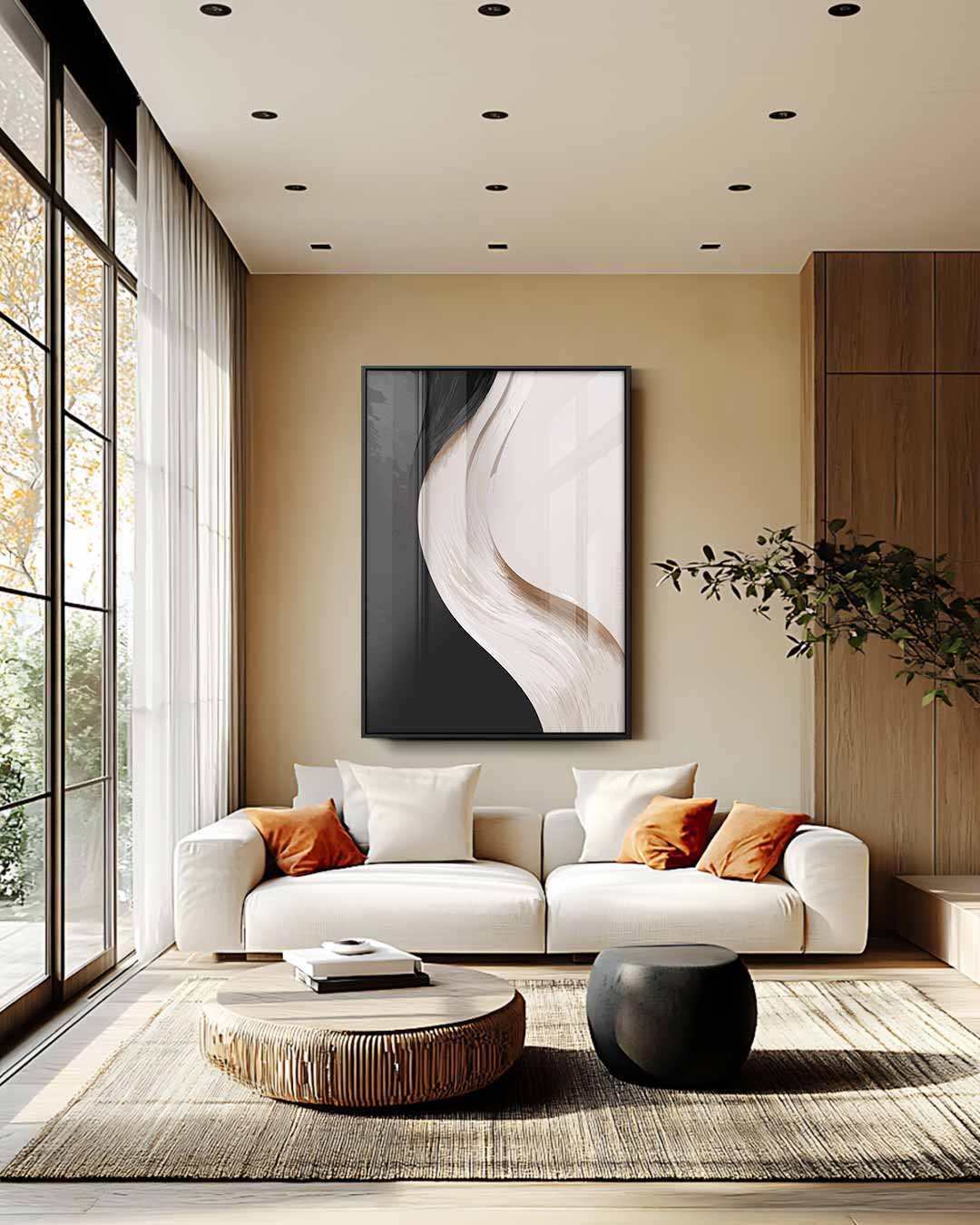 Abstracte Elegantie in Zwart en Wit – staande wandkunst voor woonkamer of interieur