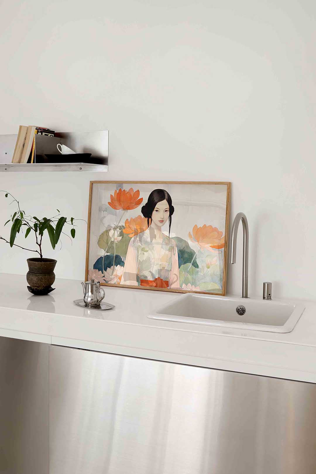 Vrouw met bloemen – keukenposter in liggend formaat