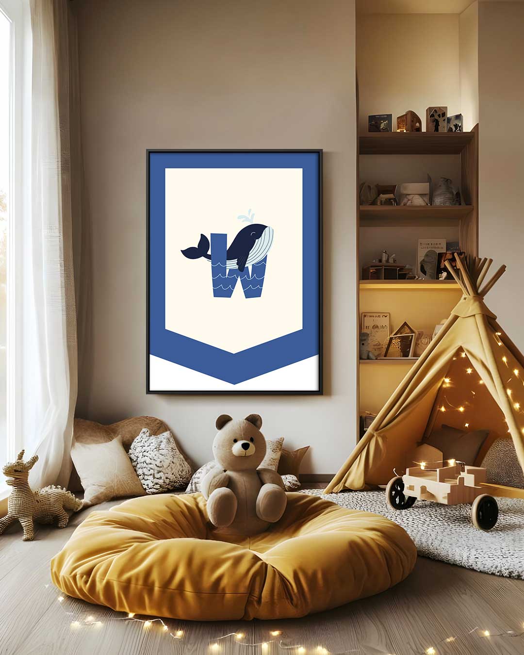 Speelse Walvis Alfabet Illustratie – staand kunstwerk voor modern interieur
