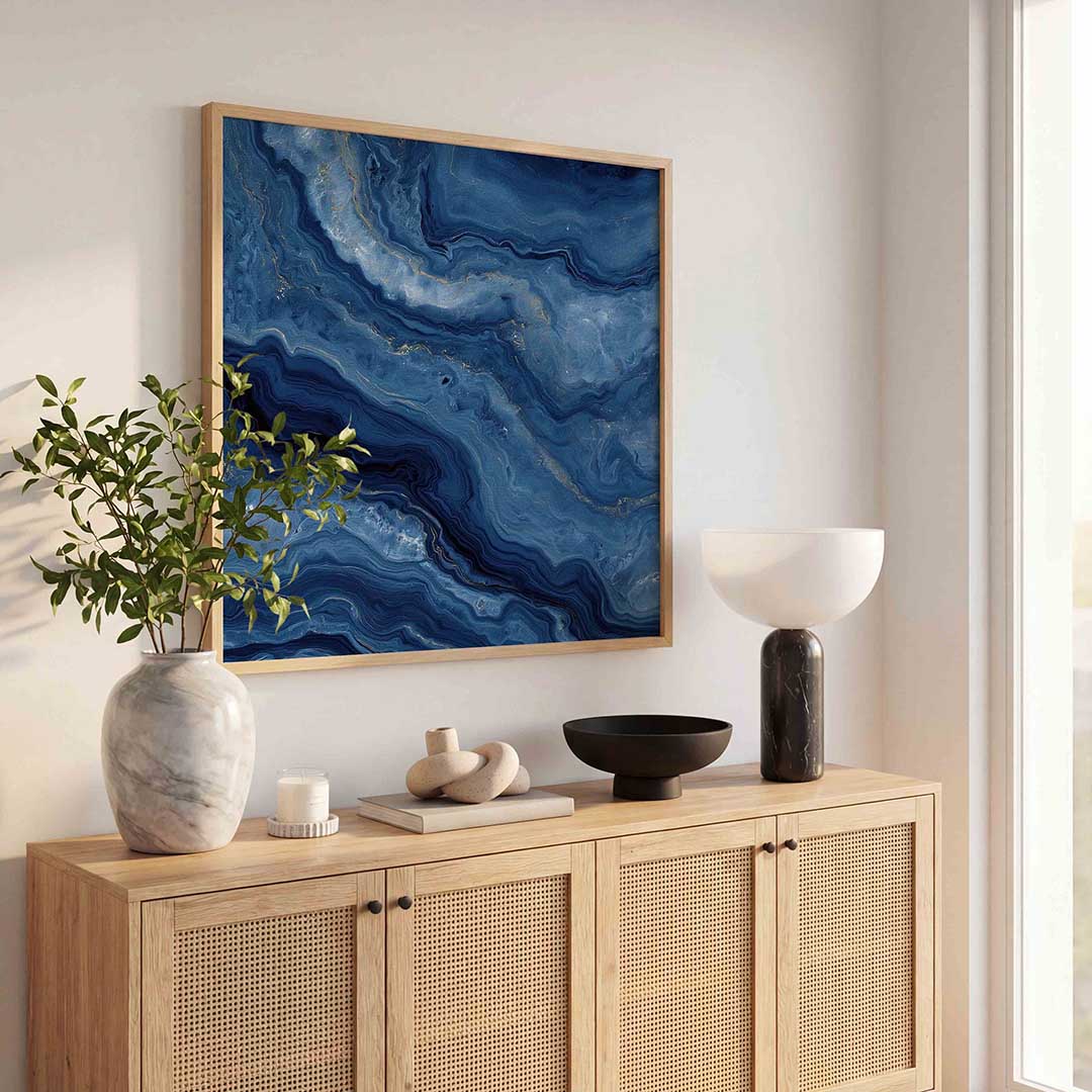 Blauwe marmerstructuur – abstracte wandkunst als vierkante poster
