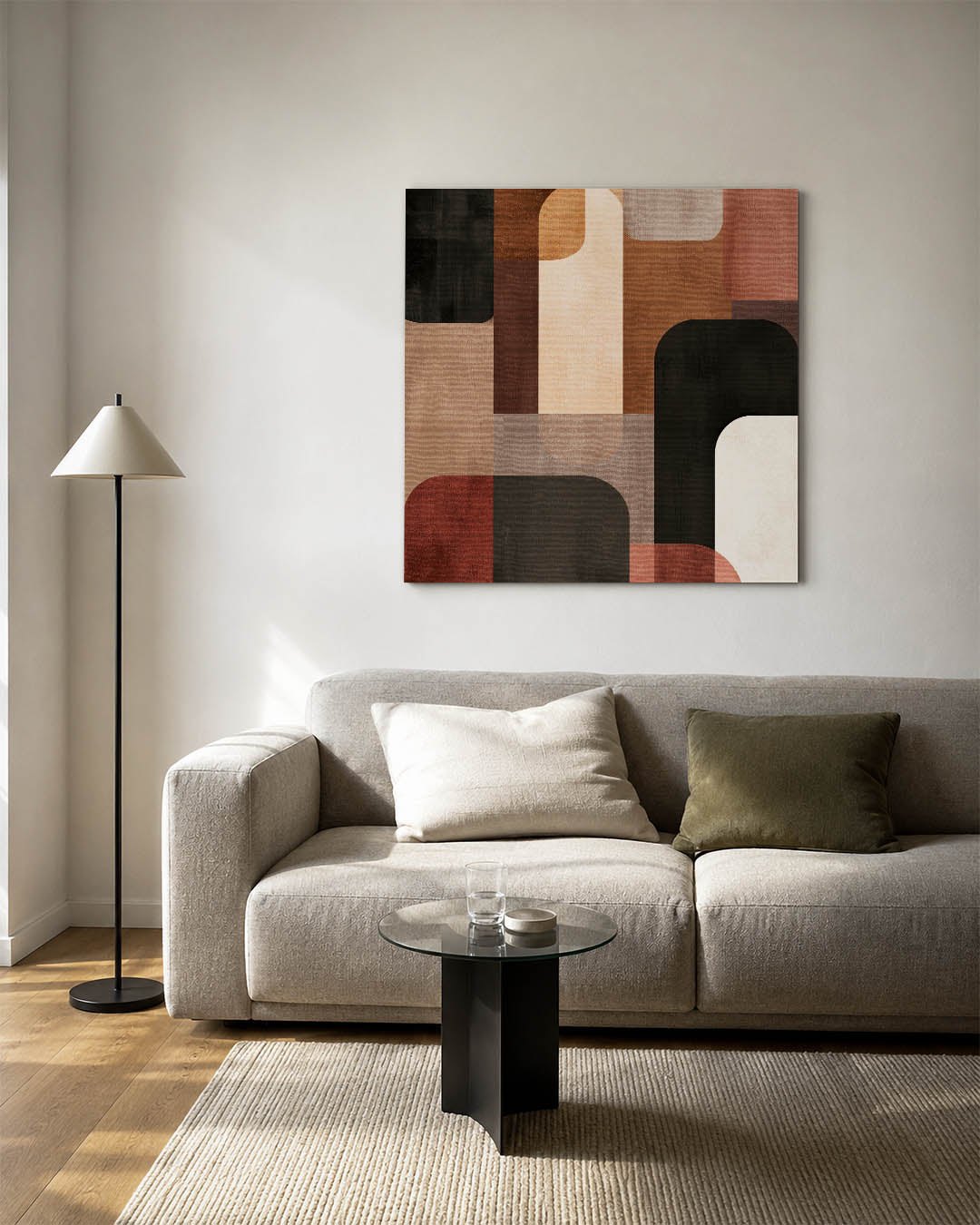 Geometrische vormen compositie kunstwerk – vierkante wanddecoratie – dit werk toont een dynamische compositie van