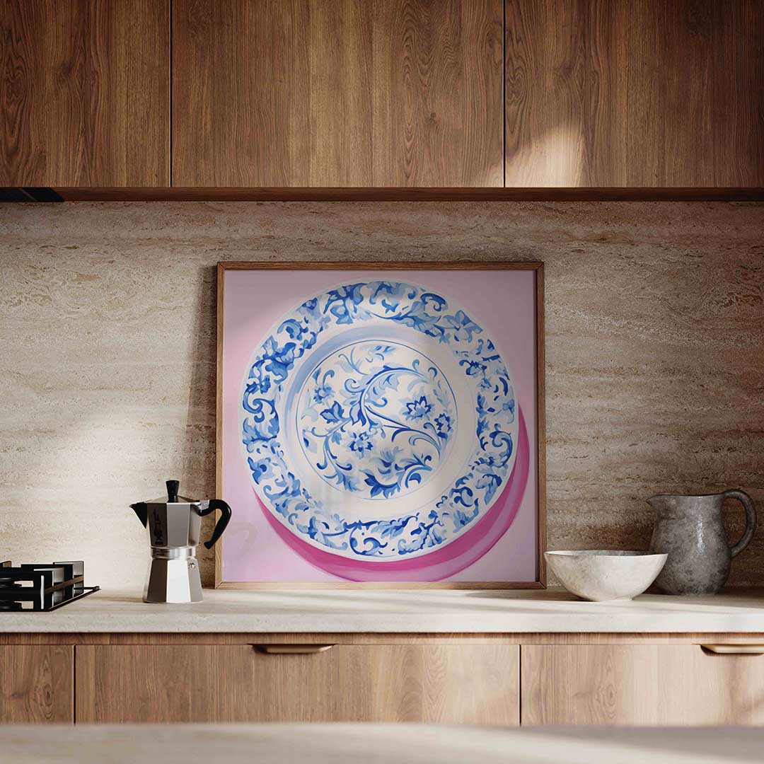 Blauw wit bord – culinaire wandkunst als vierkante poster