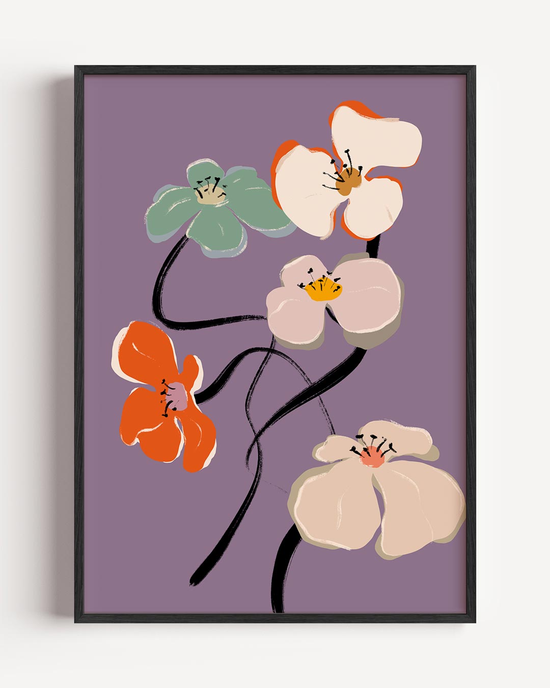 Vrolijke Bloemen op Paarse Achtergrond – bloemen portret poster als wanddecoratie
