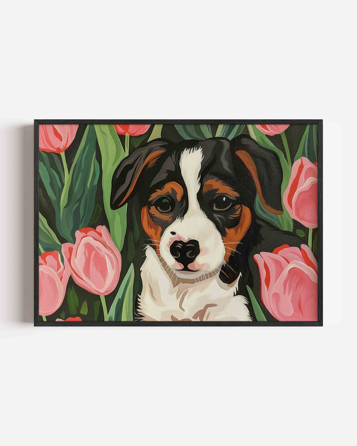 Hond tussen tulpen – landscape kinderposter als wanddecoratie