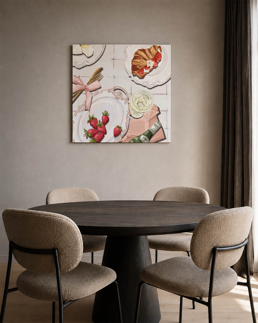 Ontbijt illustratie kunstwerk – vierkante wanddecoratie – dit werk toont een ontbijt met aardbeien, croissant en wijn op