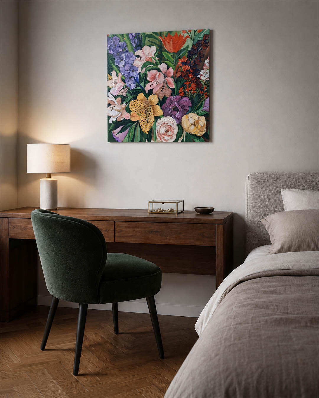 Bloemrijke compositie kunstwerk – materiaalweergave – dit kunstwerk toont een levendige verzameling bloemen in diverse