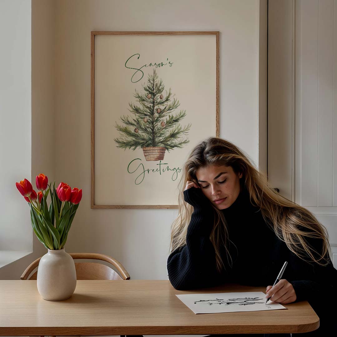 Kerstboom Seizoensgroeten – feestelijke wandkunst als portret poster