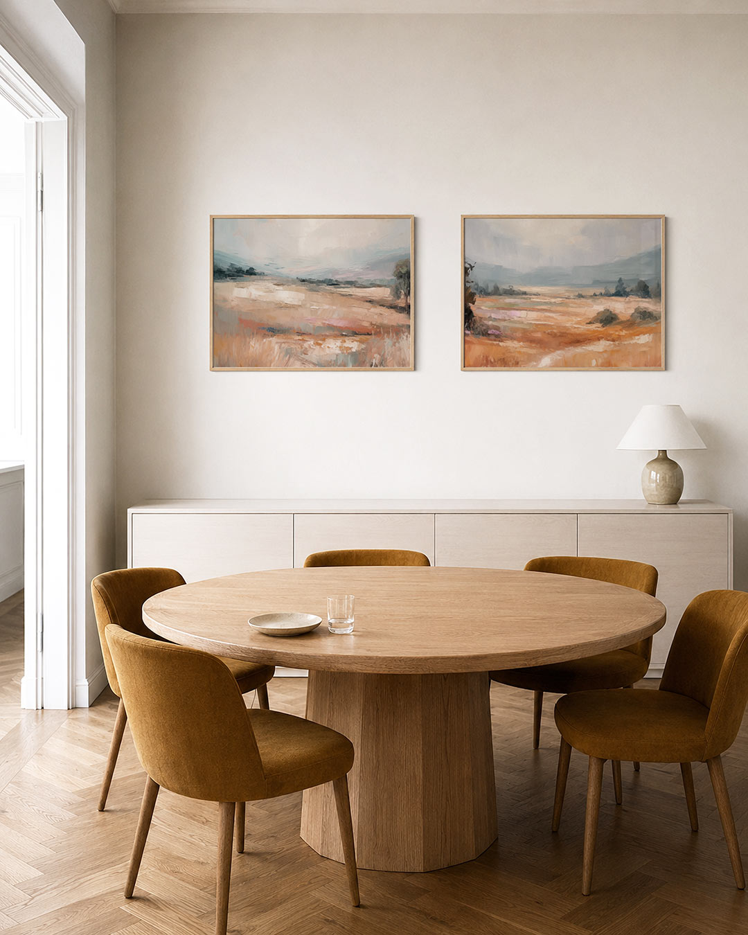 Twee liggende posters met een serene compositie van zachte kleuren, aan de muur in een interieur