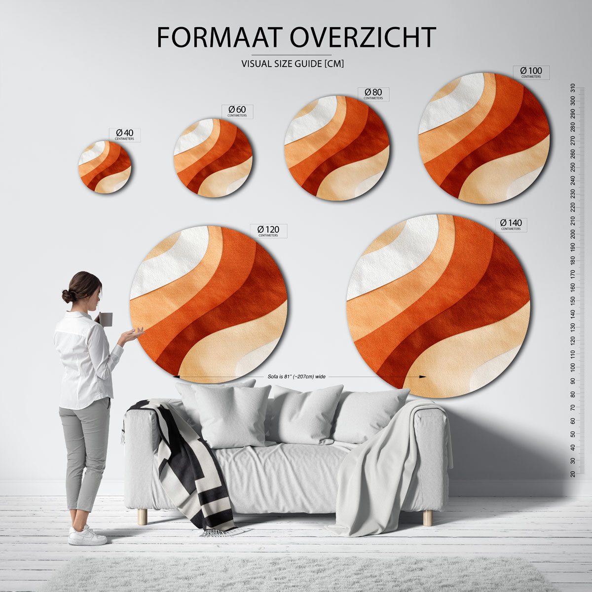 Golvende vormen – ronde muurdecoratie met vrouwelijk portret