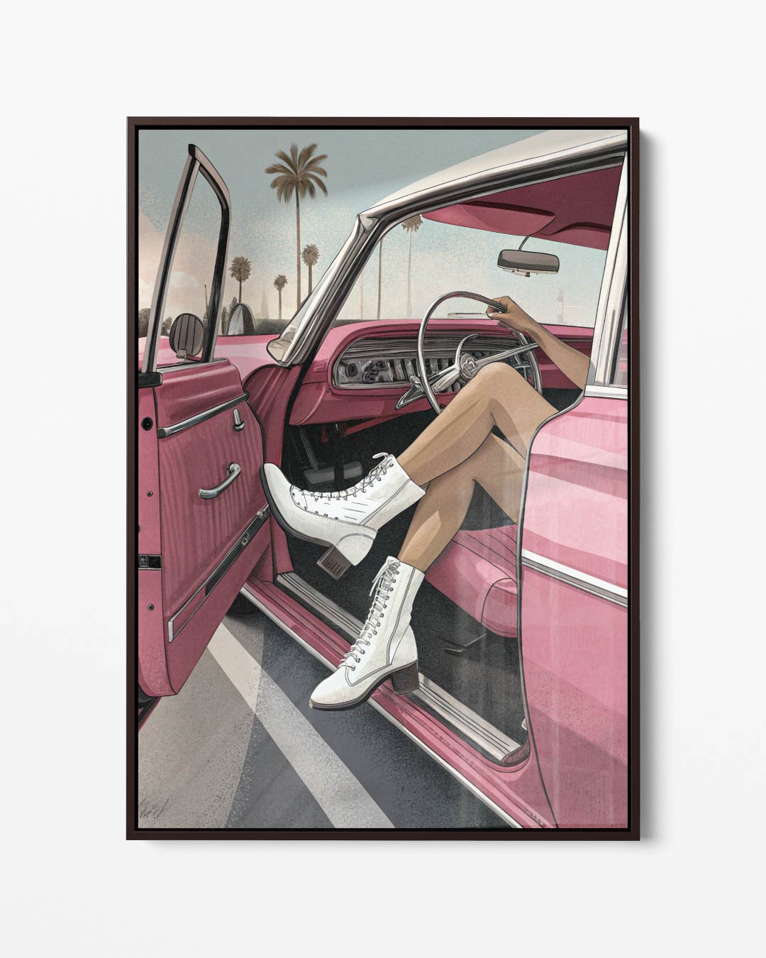 Zonnige Dag in de Retro Cabrio – portret kunstwerk als wanddecoratie