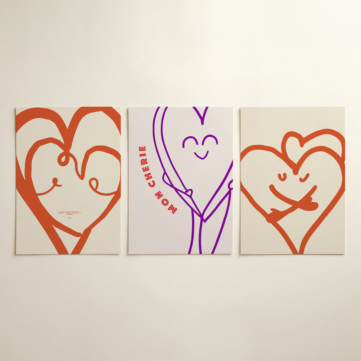 Lijnenspel hart – driedelige posterset in interieur