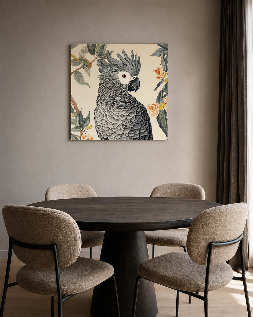 Exotische vogel illustratie kunstwerk – derde productweergave – dit werk toont een gedetailleerde vogel met grijze veren en