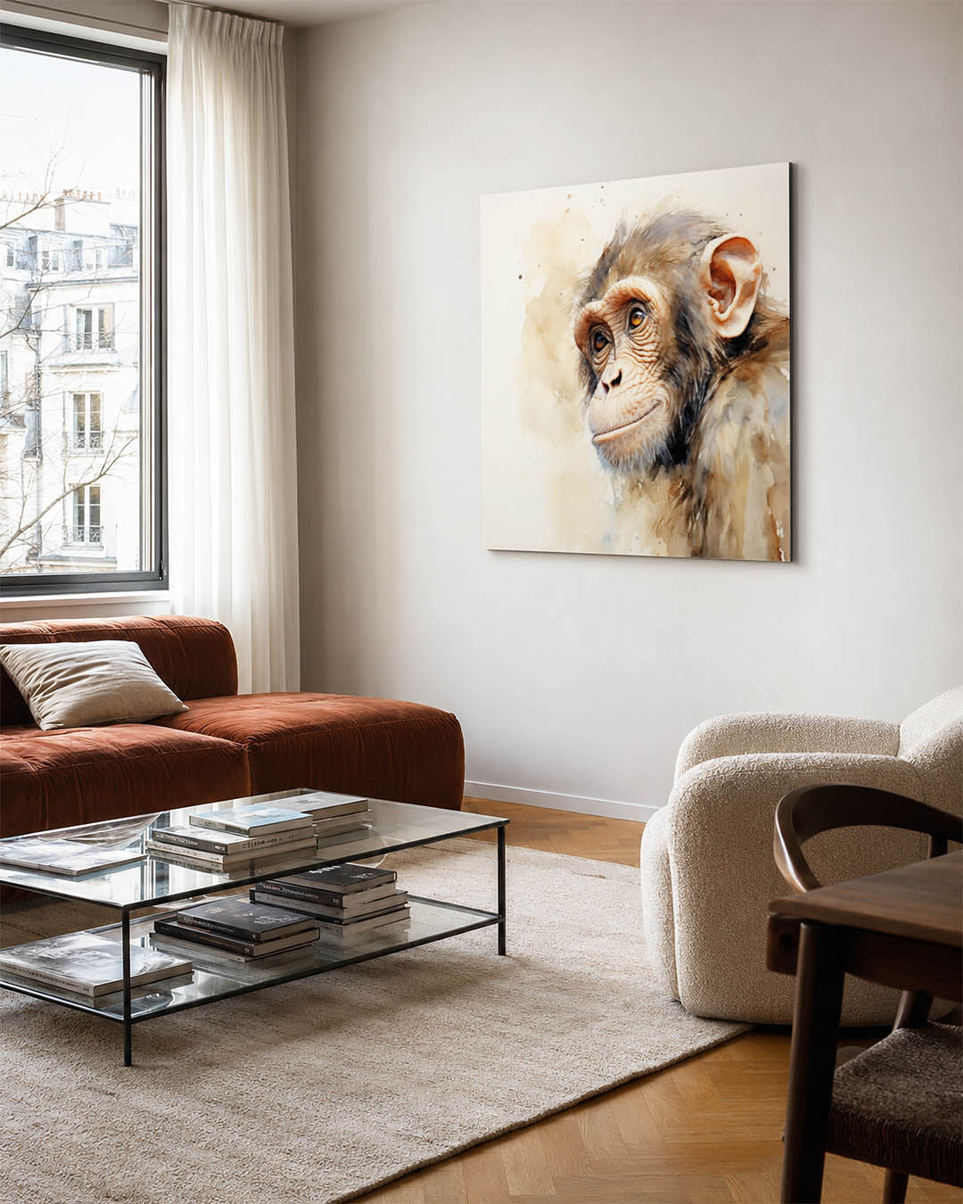 Dromerige aap kunstwerk – vierkante wanddecoratie – dit kunstwerk toont een gedetailleerd portret van een aap met een zachte