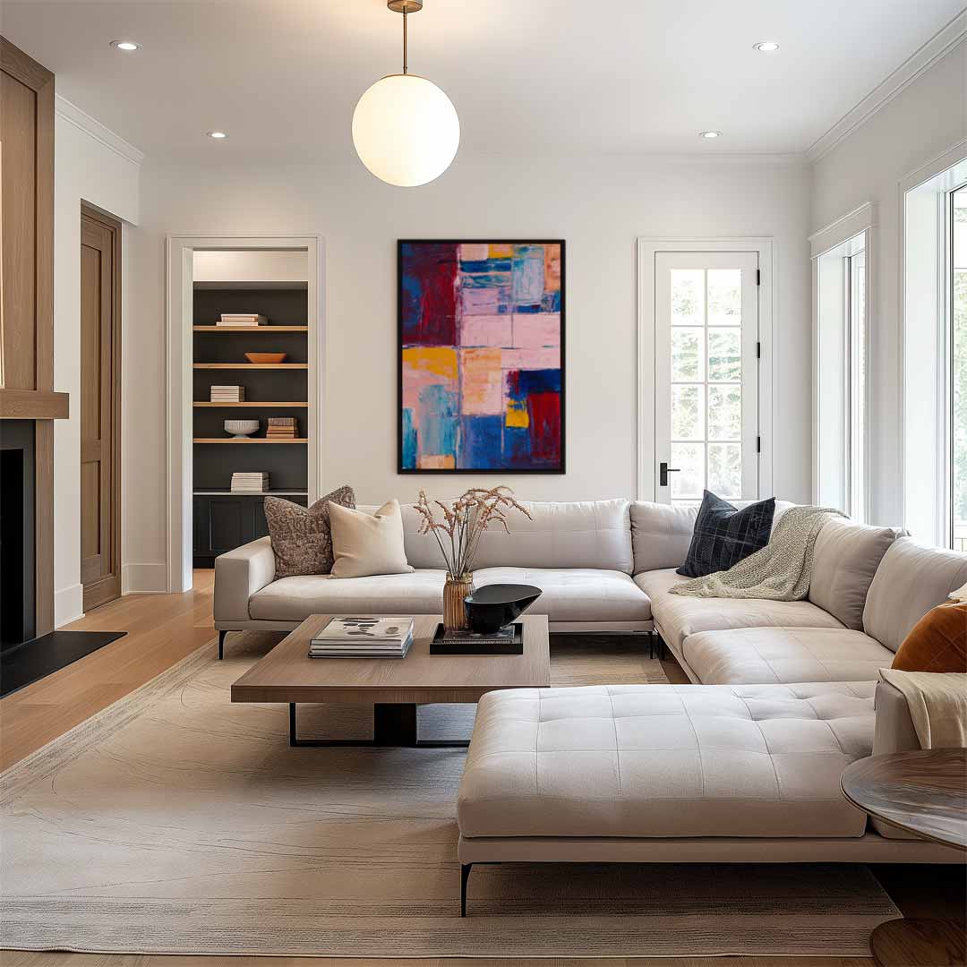 Kleurrijke Abstracte Compositie – kunstwerk met zwarte baklijst