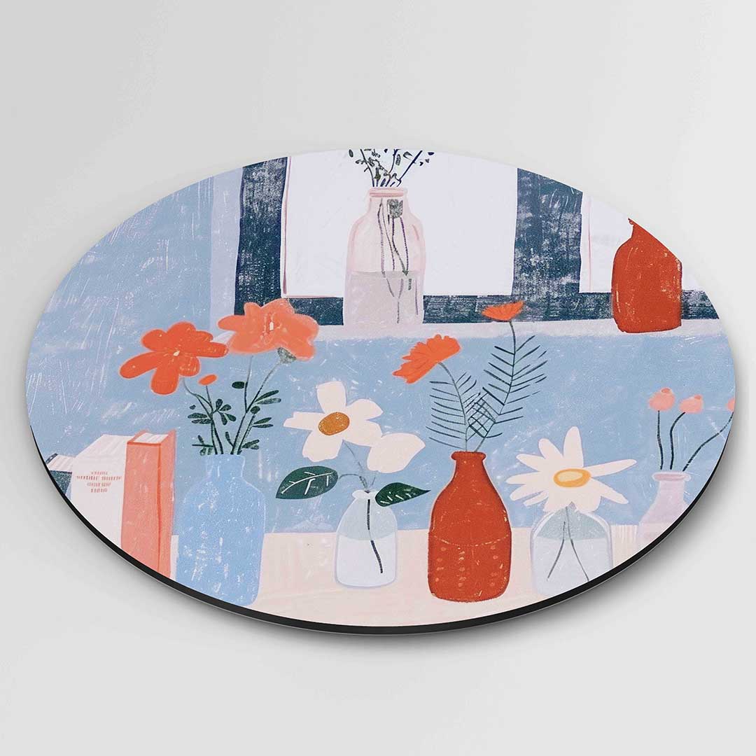 Bloemen en vazen – kleurrijke ronde wanddecoratie van WallArtistic