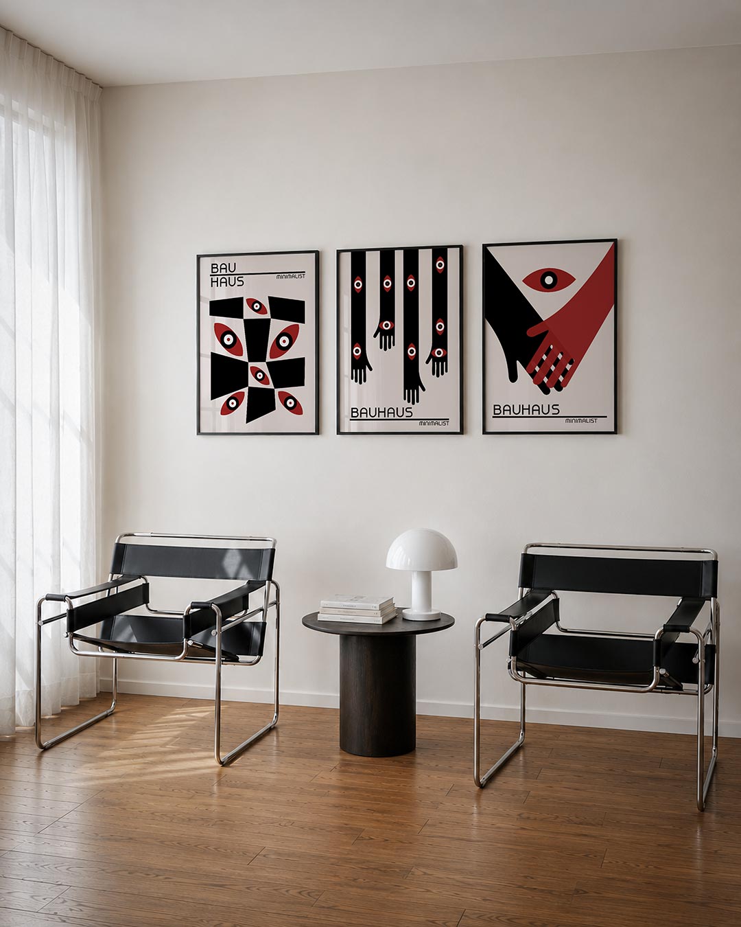 Vormen en vlakken driedelige posterset – deze posterset in drie delen toont een spel van zwarte en rode vormen op een lichte