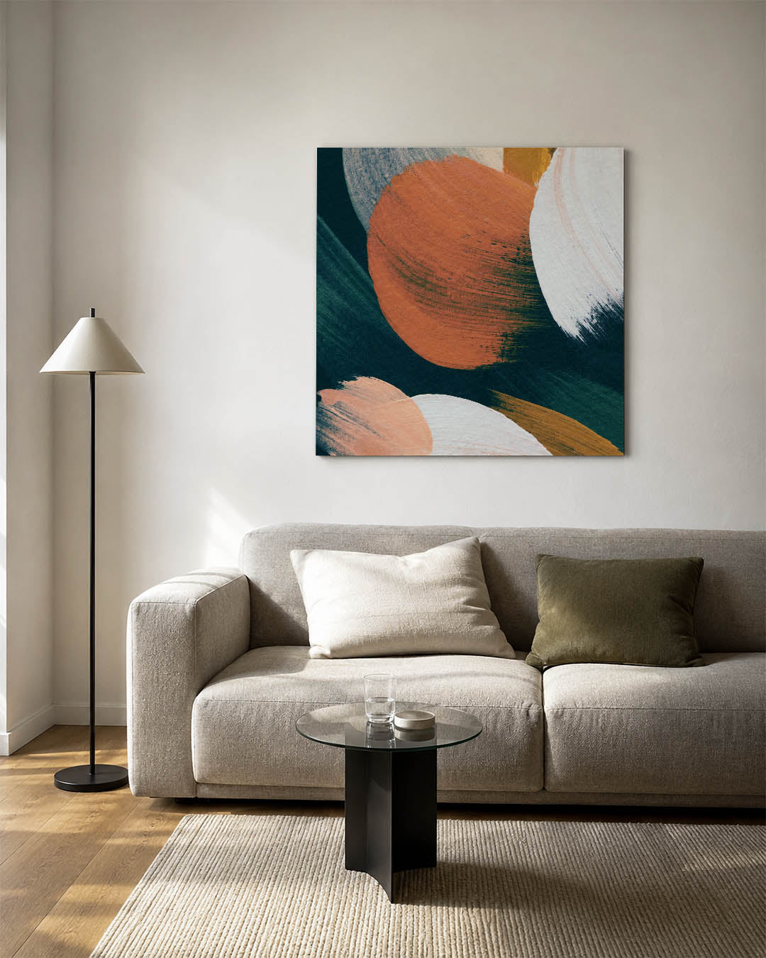 Dynamische kleurvlakken kunstwerk – detailweergave – dit kunstwerk toont grote, overlappende kleurvlakken in blauw, oranje en