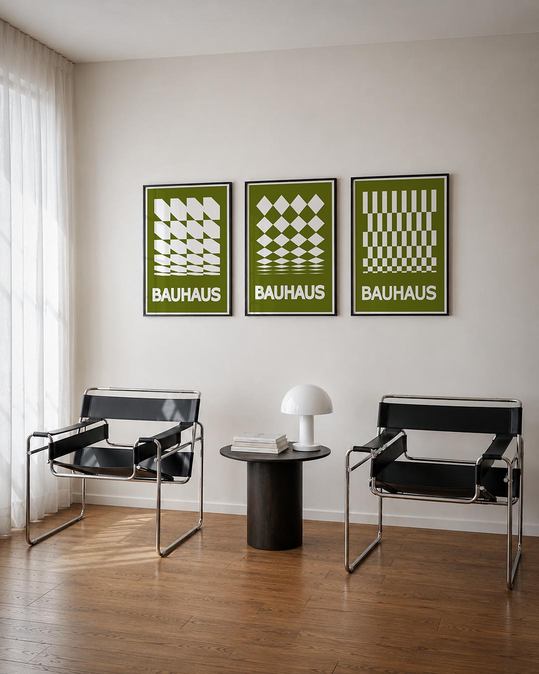 Vorm en ritme driedelige posterset – deze posterset in drie delen toont een speels lijnenspel met witte en olijfgroene