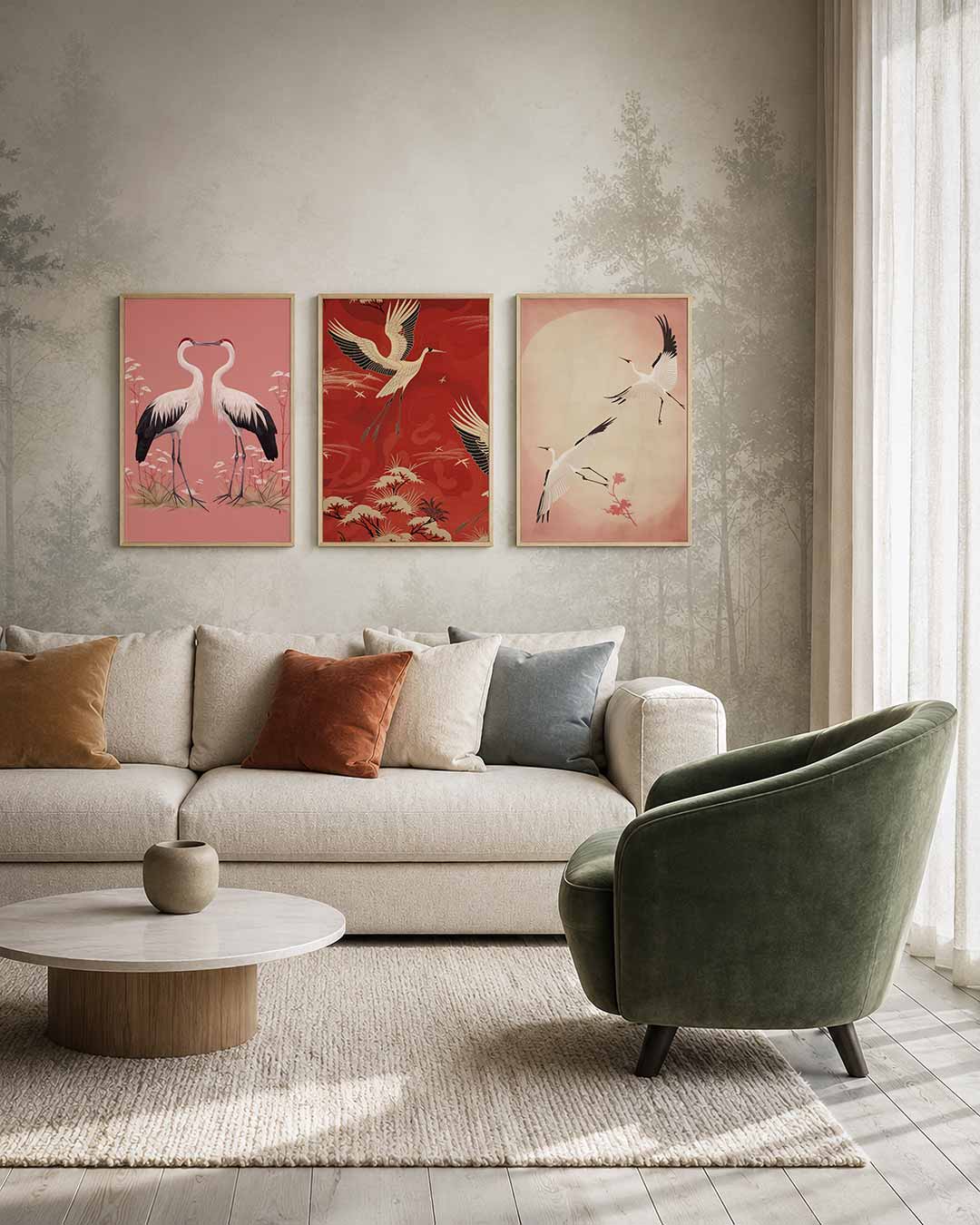 Elegante symmetrie – twee sierlijke vogels staan tegenover elkaar op een zachte roze achtergrond,