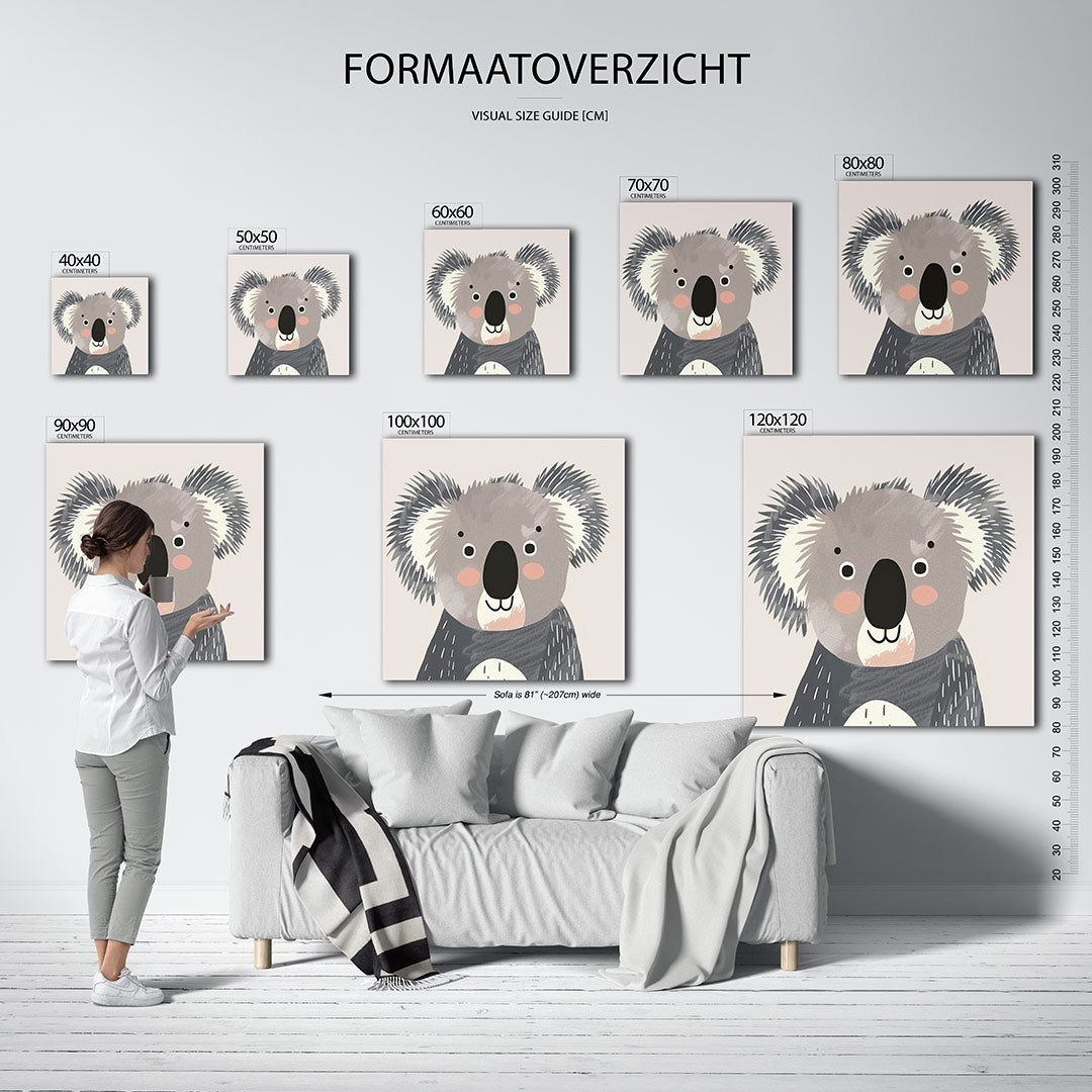 Koala illustratie kunstwerk – sfeerbeeld – dit kunstwerk toont een schattige koala met eenvoudige vormen en zachte kleuren.