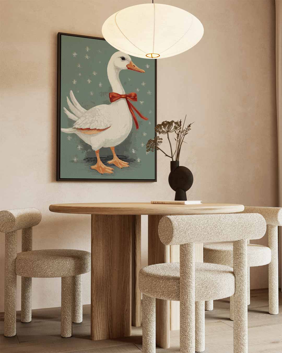 Feeërieke Gans met Strik – staand kunstwerk voor modern interieur