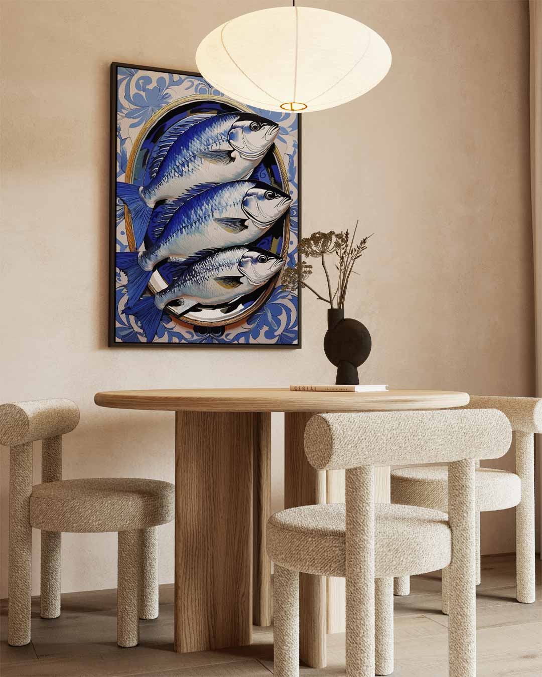 Blauwe Vissen op Bord Kunstwerk – canvas wanddecoratie in portret formaat