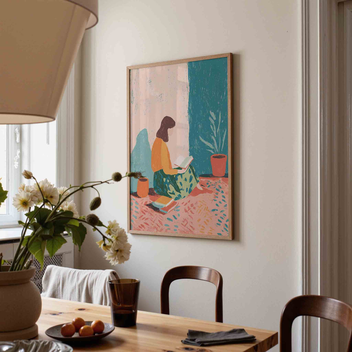 Lezende vrouw – eigentijdse illustratie poster in staand formaat