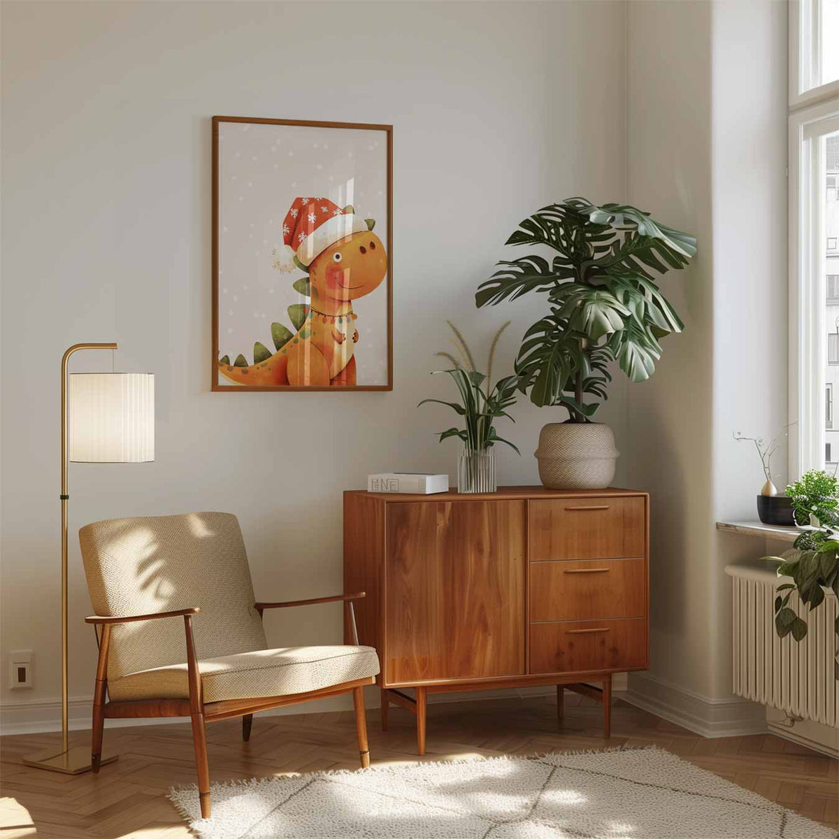 Kerst Dino – speelse wandkunst als portret kinderposter