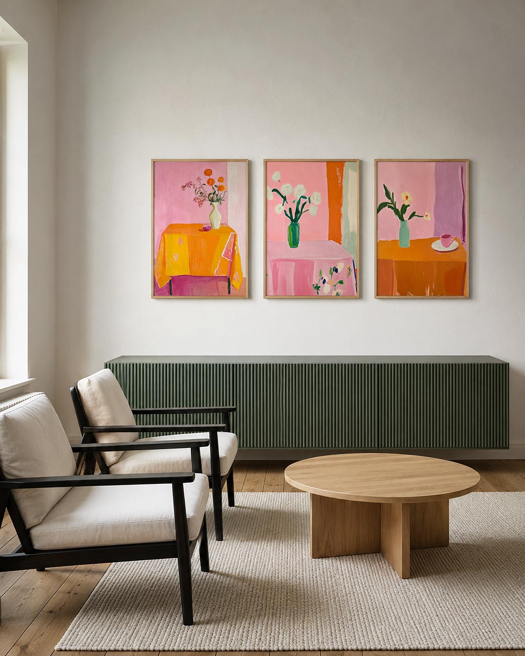 Kleur en bloemen posterset – tweede productweergave – een levendige compositie met een roze achtergrond, een