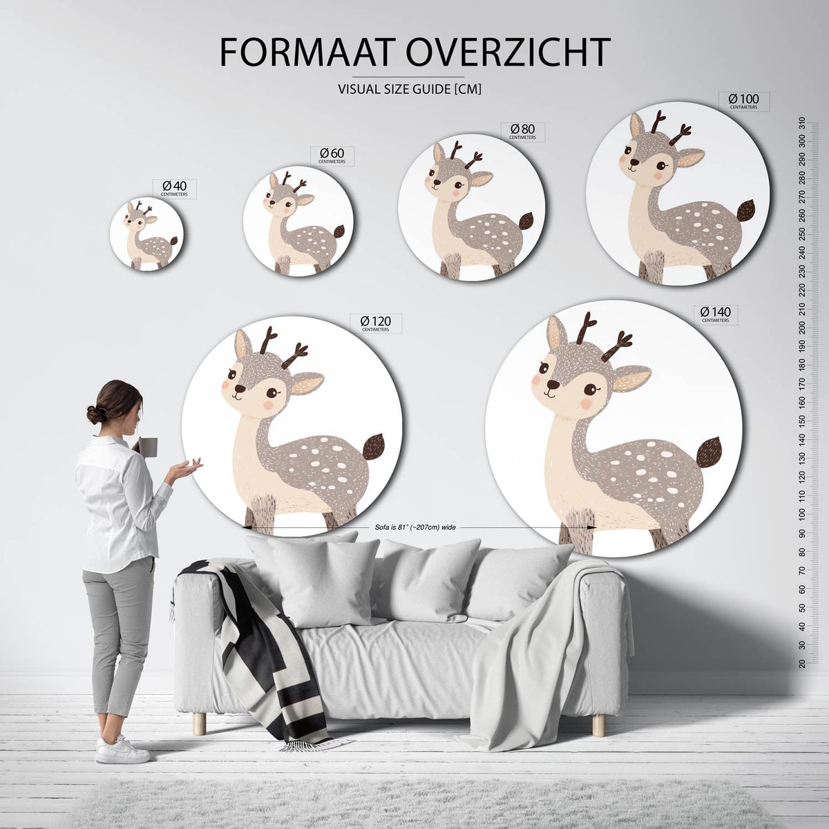 Hert met stippen Muurcirkel – extra productweergave – Een schattig hert met stippen in zachte beige en bruine tinten.