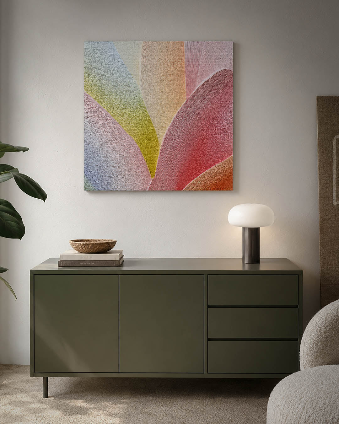 Vloeiende kleurencompositie kunstwerk – detailweergave – dit werk toont vloeiende lijnen en zachte overgangen tussen kleuren.