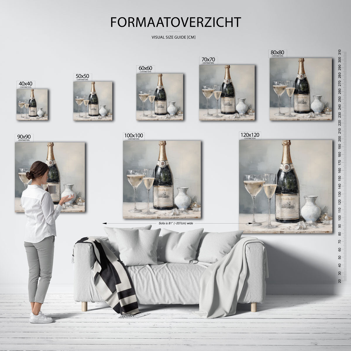 Champagnefles en glazen – vierkante muurposter voor kerst