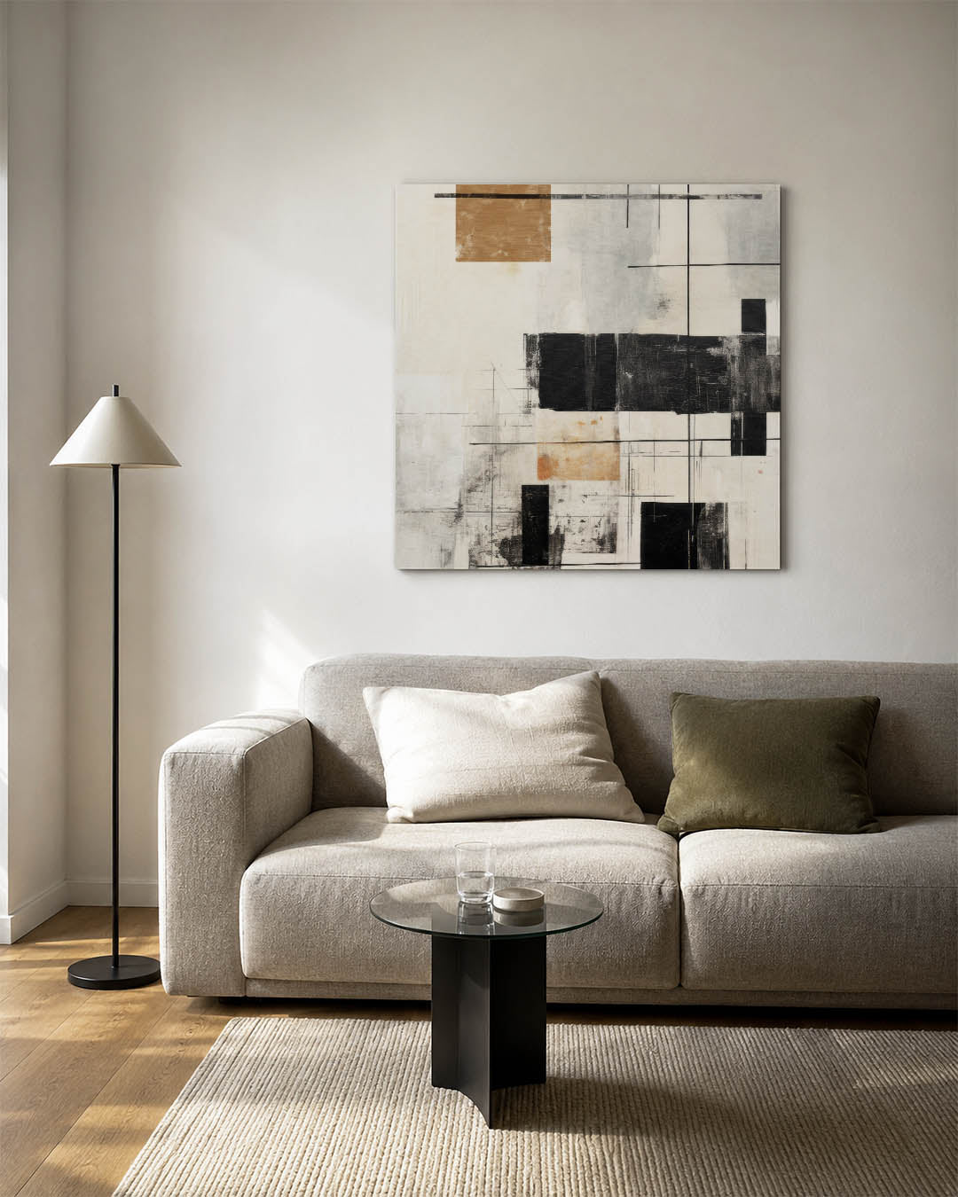 Geometrische lijnen compositie kunstwerk – vierkante wanddecoratie – dit werk toont een dynamische compositie van rechthoeken