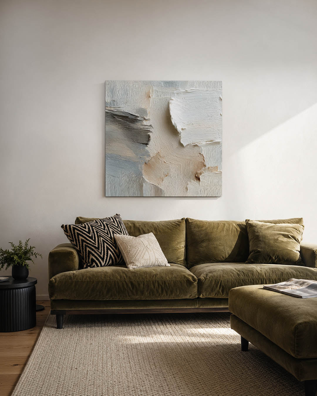 Textuur en neutraliteit kunstwerk – derde productweergave – dit werk toont een subtiele mix van beige en wit met grijze