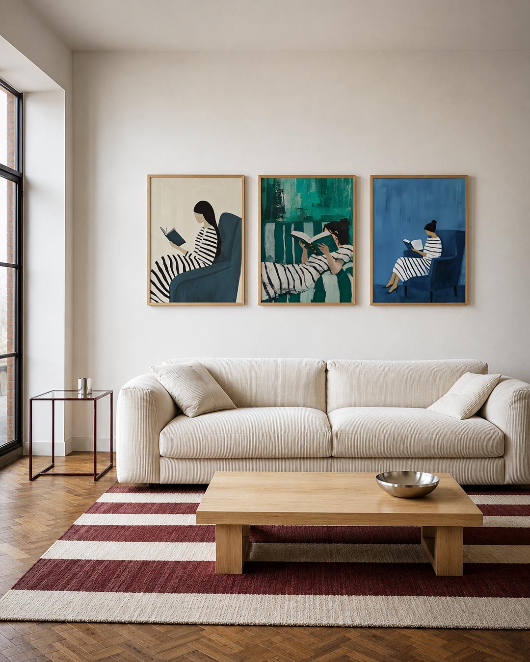 Gestreepte rust driedelige posterset – een vrouw leest in een comfortabele stoel