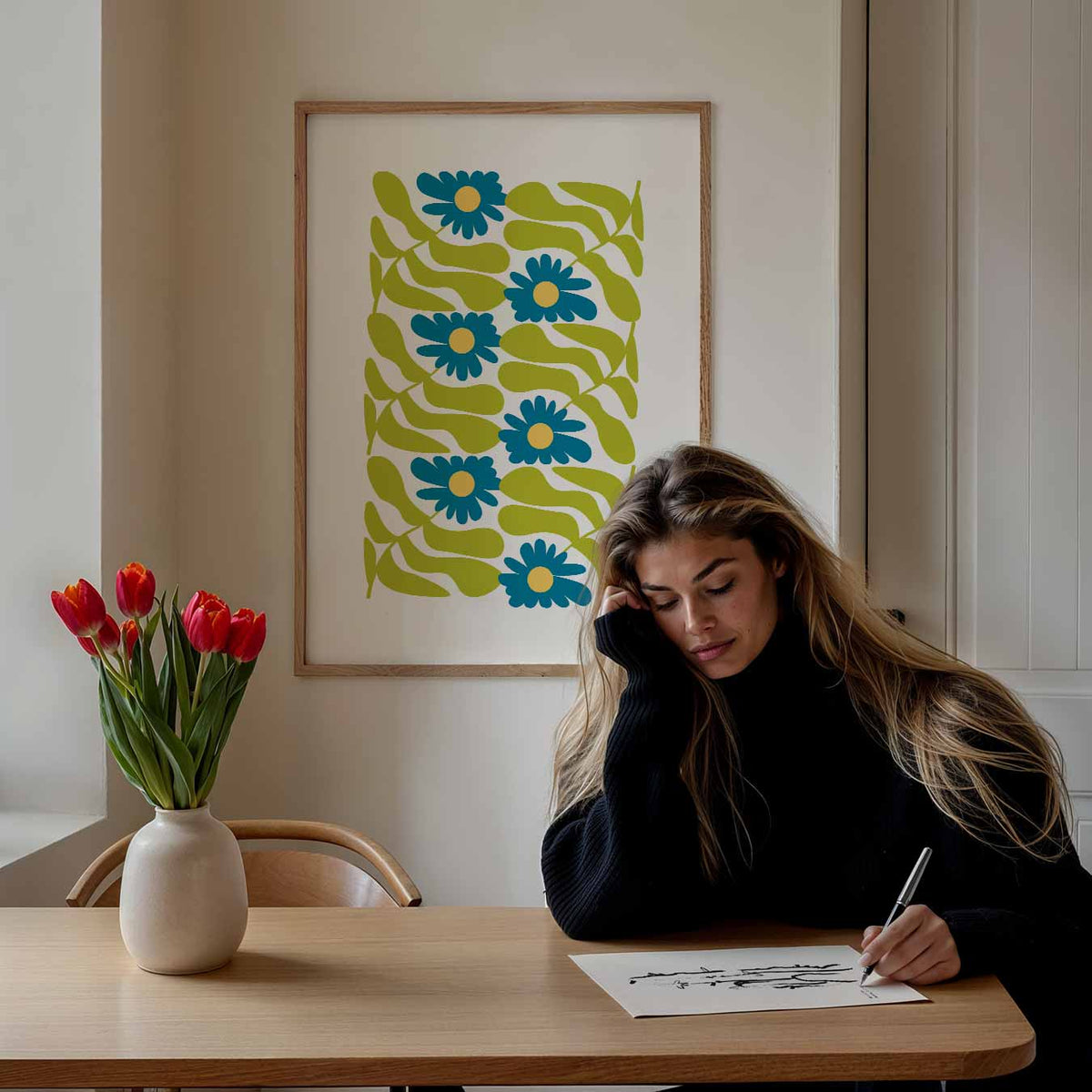 Bloemenpracht in Blauw en Groen – bloemen poster als moderne staande wanddecoratie