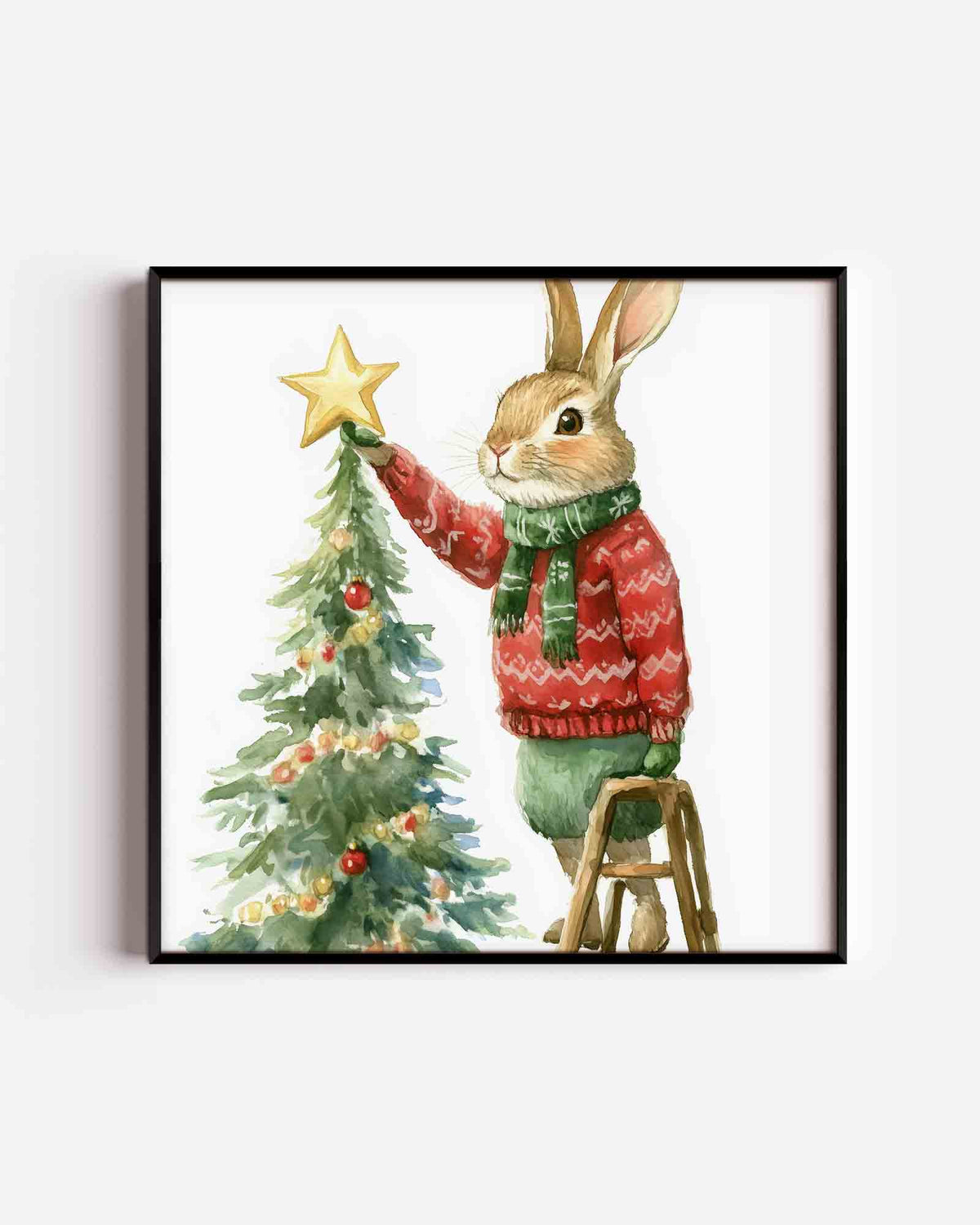 Kerstkonijn met boom – vierkante kinderposter als wanddecoratie