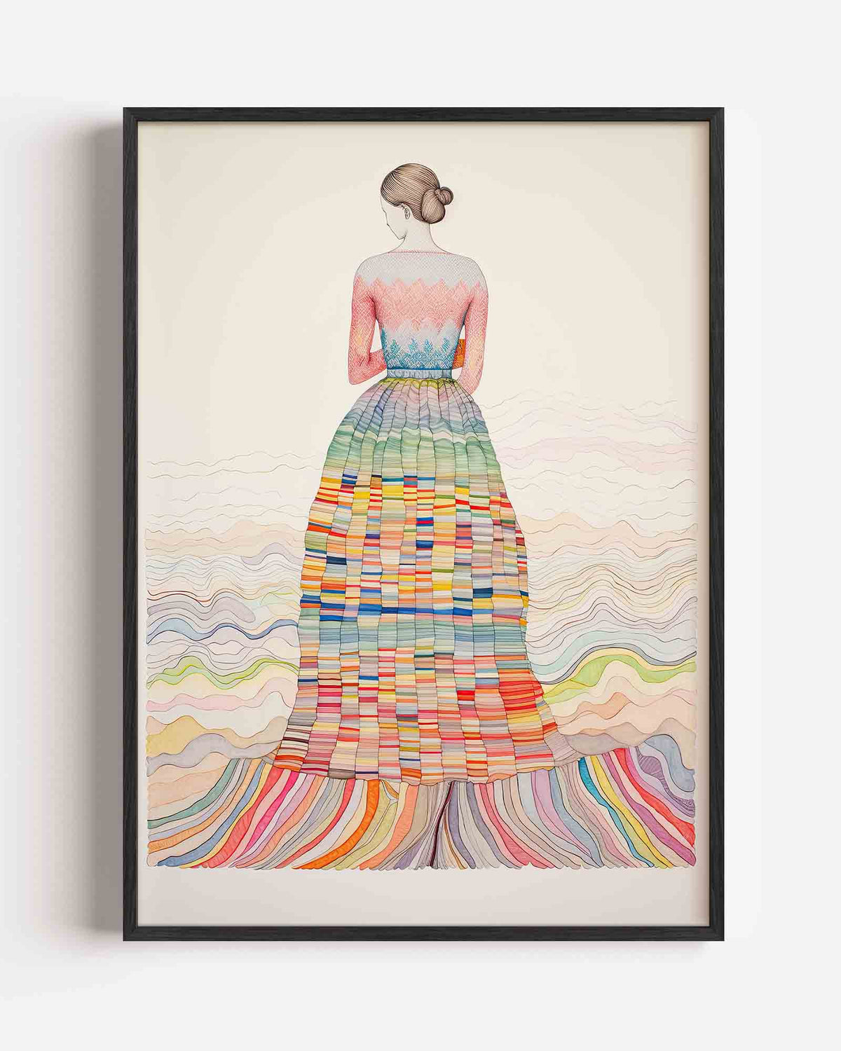 Vrouw met kleurrijke jurk – kleurrijke illustratie portret poster als wanddecoratie
