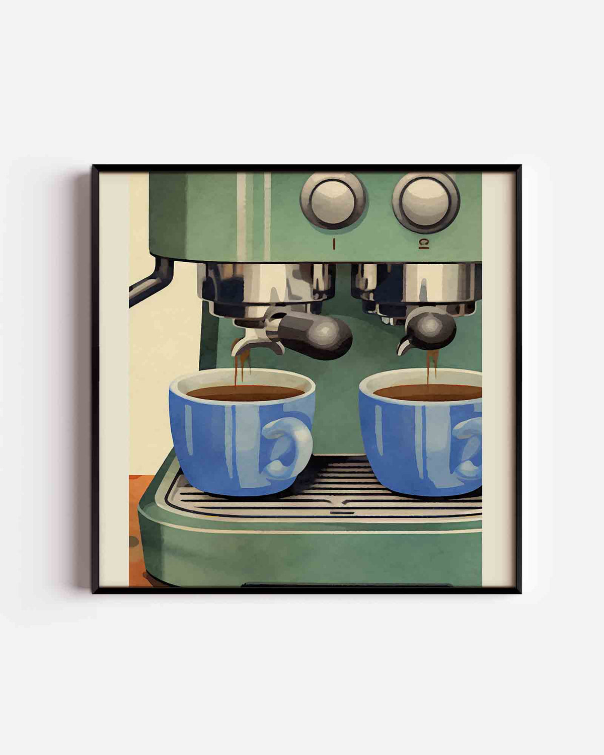 Koffiemachine met blauwe kopjes – keuken vierkante poster als wanddecoratie
