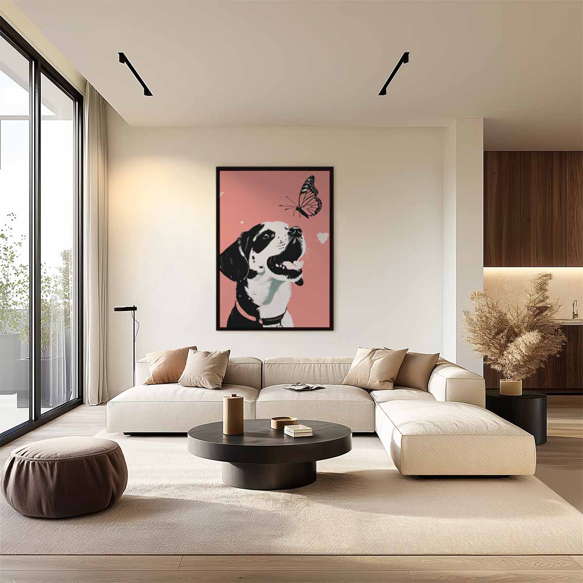 Vrolijke Puppy Met Vlinder – staand kunstwerk voor modern interieur