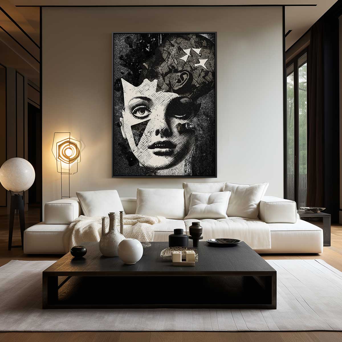 Surrealistische Collage Vrouwengezicht – staand kunstwerk voor modern interieur
