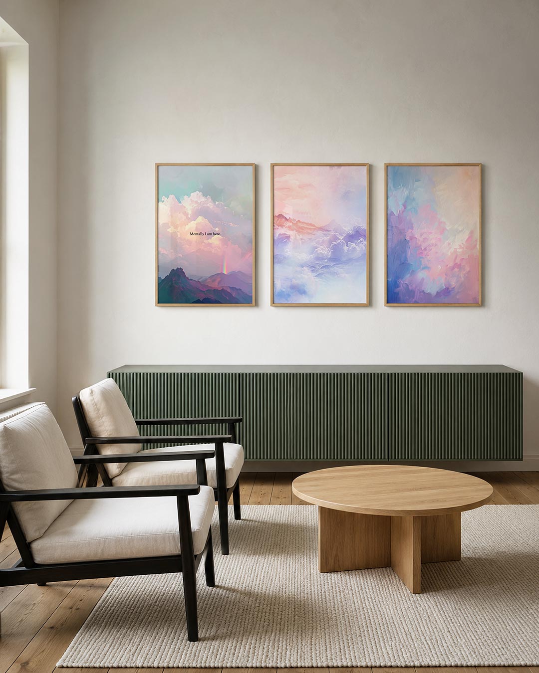Dromerige berglandschap posterset – derde productweergave – zachte pasteltinten vormen een serene lucht met wolken en