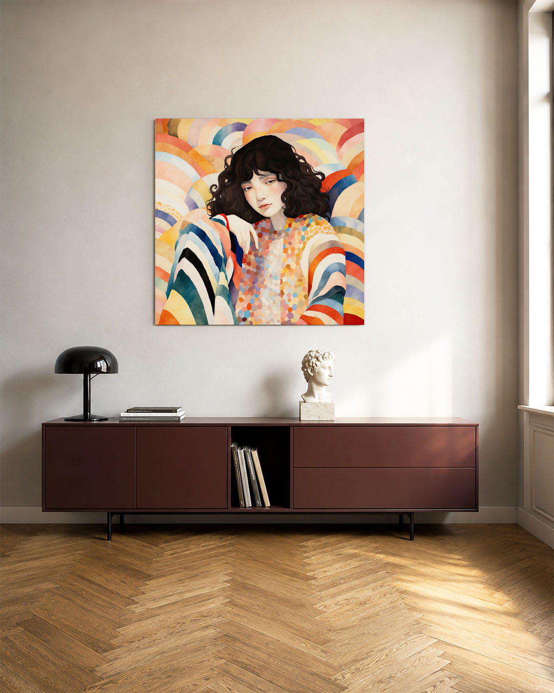 Vrouwelijk portret met patronen kunstwerk – tweede productweergave – dit werk toont een vrouw met donkere krullen, omgeven