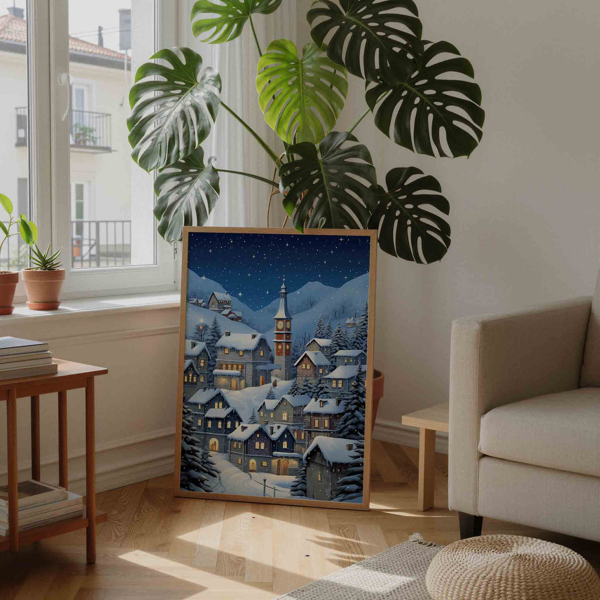 Sneeuwlandschap met huizen – feestelijke wandkunst als portret poster