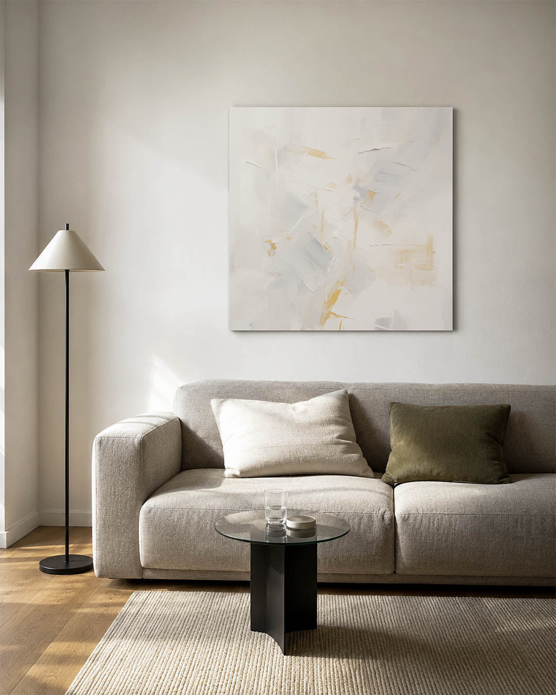 Lichte vegen compositie kunstwerk – vierkante wanddecoratie – dit werk toont een dynamisch spel van lichte vegen en subtiele