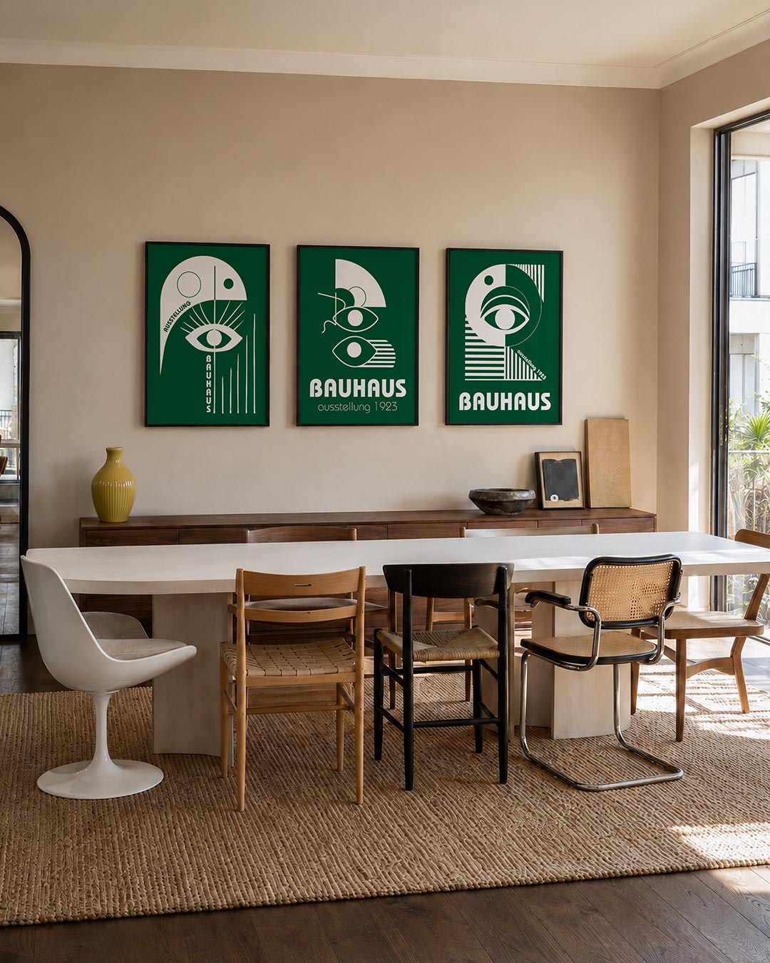 Oog en lijnen posterset – tweede productweergave – een groene achtergrond met een wit oog centraal. Strakke lijnen en cirkels