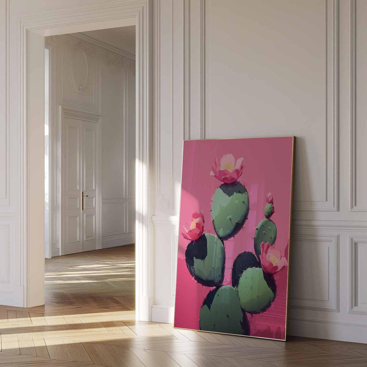 Bloeiende Cactus op Roze Achtergrond – paas poster als vrolijke staande wanddecoratie