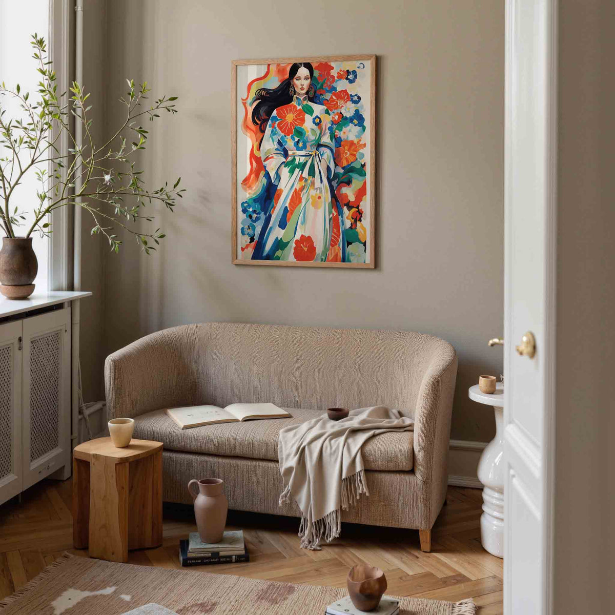 Vrouw met bloemenjurk – botanische poster in staand formaat