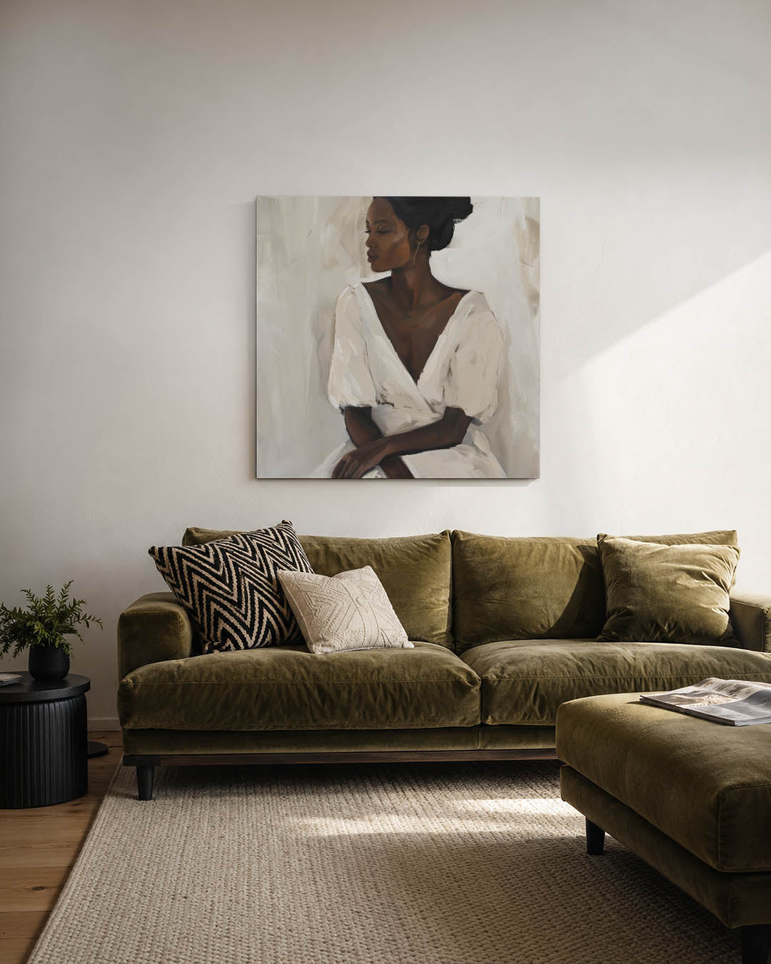 Elegante vrouwelijke pose kunstwerk – derde productweergave – dit kunstwerk toont een vrouw in een serene pose, met zachte